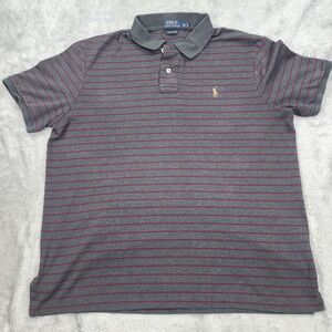 Polo Ralph Lauren Polo Shirt Mens XL Gray Red Striped Pima Soft Touch Cotton